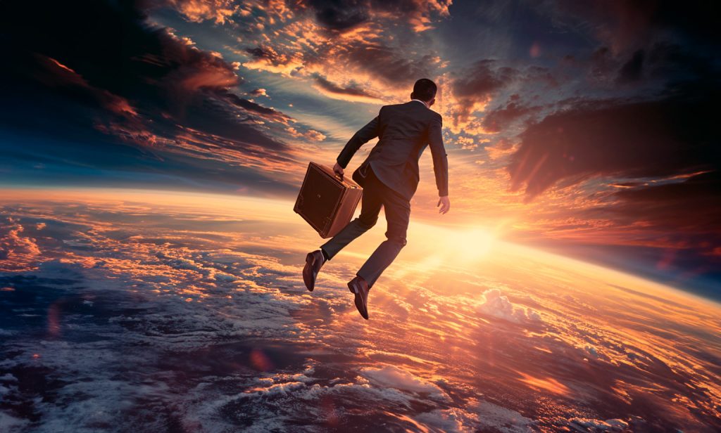 imagen de un hombre volando en la estratosfera