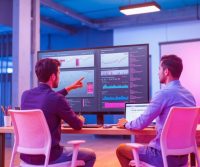 Equipo de una agencia de linkbuilding revisando estrategia SEO en una oficina industrial con pantallas digitales, gráficos y entorno tecnológico.