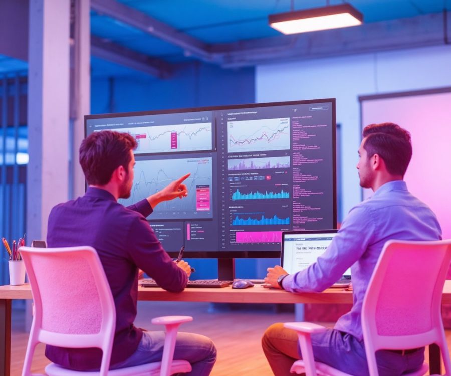 Equipo de una agencia de linkbuilding revisando estrategia SEO en una oficina industrial con pantallas digitales, gráficos y entorno tecnológico.