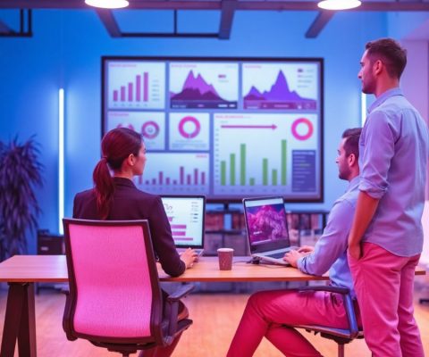 Agencia de linkbuilding revisando métricas SEO en oficina industrial con pantallas digitales y estrategia centrada en resultados B2B.