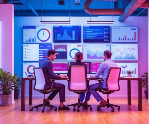 Agencia SEM optimizando campañas en entorno industrial con dashboards de Google Ads y análisis de resultados B2B en oficina moderna.