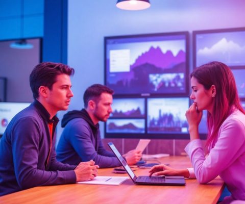 Profesionales analizando campañas SEM ineficientes en oficina moderna. Gráficas con pocos resultados, indicios de cambio de estrategia.