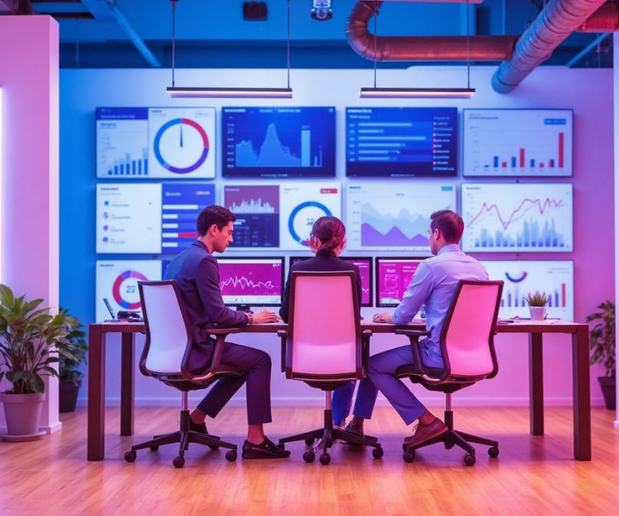 Agencia SEM optimizando campañas en entorno industrial con dashboards de Google Ads y análisis de resultados B2B en oficina moderna.