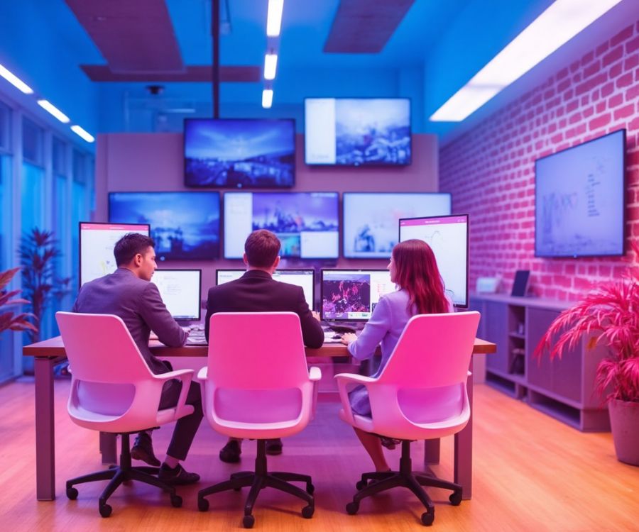 Equipo analizando resultados de SEO local en oficina moderna. Pantallas con mapas y datos de posicionamiento regional, estrategia digital geolocalizada.