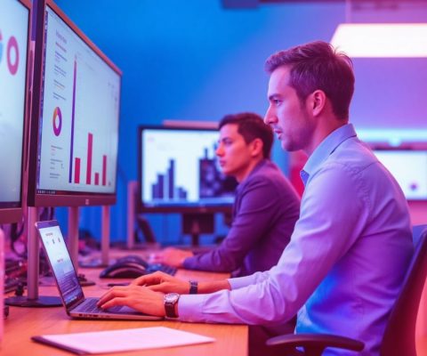 Equipo de marketing analizando errores en SEO local en oficina con pantallas que muestran perfiles de Google, palabras clave y páginas locales sin optimizar.