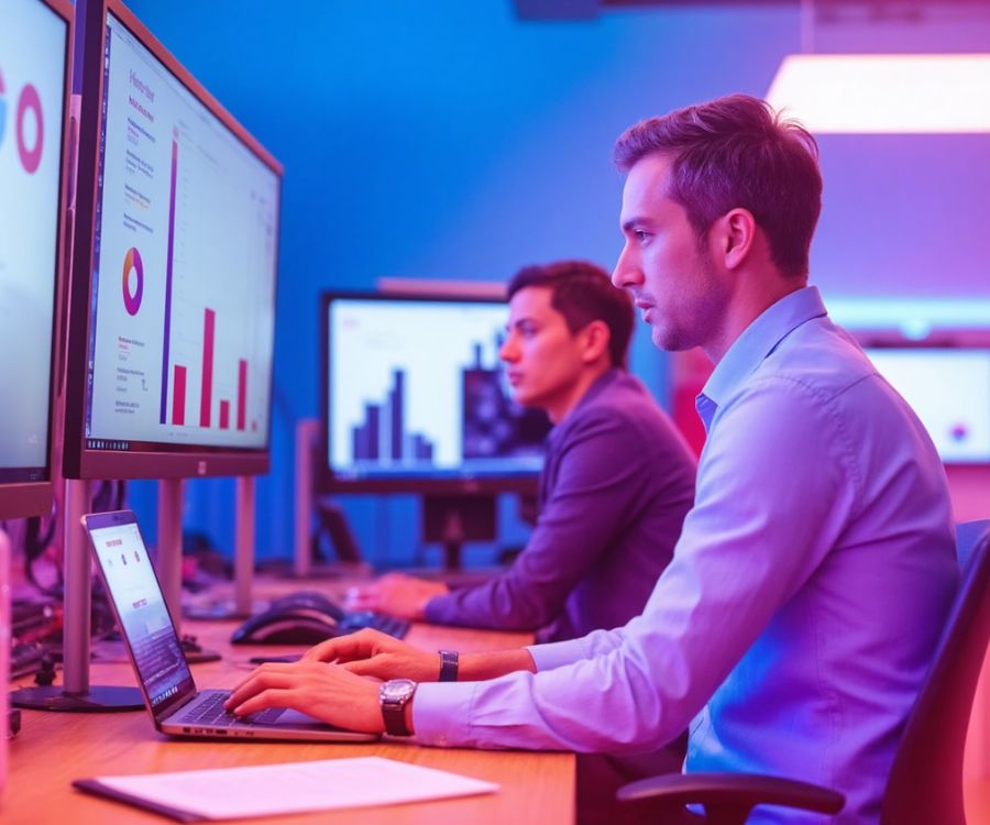 Equipo de marketing analizando errores en SEO local en oficina con pantallas que muestran perfiles de Google, palabras clave y páginas locales sin optimizar.