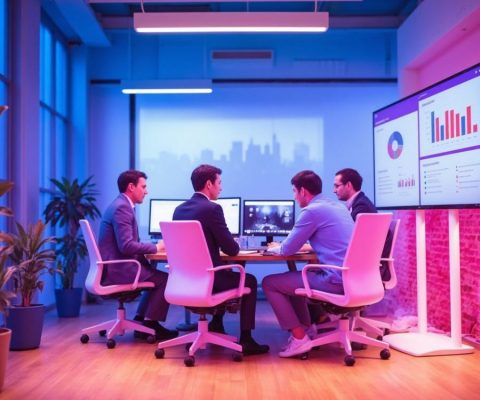 Equipo creativo revisando una estrategia SEO ineficaz con métricas de bajo rendimiento en una oficina industrial moderna.