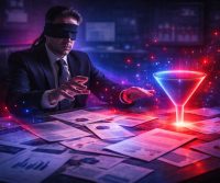 Empresario con los ojos vendados intentando alcanzar un embudo de ventas luminoso sobre una mesa llena de informes, representando la necesidad de una agencia de analítica web para dejar de tomar decisiones por intuición.
