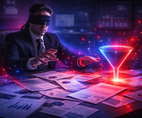 Empresario con los ojos vendados intentando alcanzar un embudo de ventas luminoso sobre una mesa llena de informes, representando la necesidad de una agencia de analítica web para dejar de tomar decisiones por intuición.