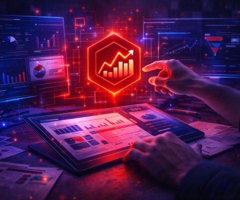 Primer plano de manos interactuando con una tablet y pantallas holográficas que muestran gráficos de crecimiento y embudos de conversión, representando el trabajo de una agencia de analítica web.