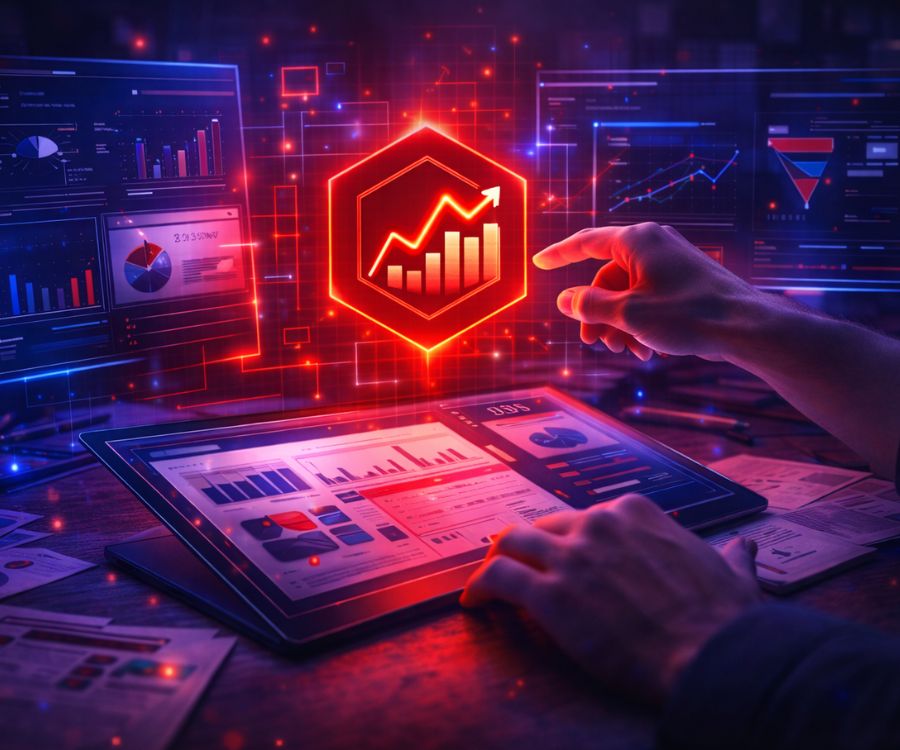 Primer plano de manos interactuando con una tablet y pantallas holográficas que muestran gráficos de crecimiento y embudos de conversión, representando el trabajo de una agencia de analítica web.