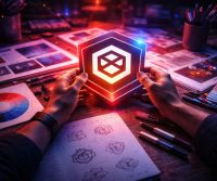 Primer plano de manos de un diseñador sosteniendo un logotipo hexagonal iluminado en un escritorio creativo lleno de bocetos y paletas de colores, simbolizando el proceso de una agencia de branding.