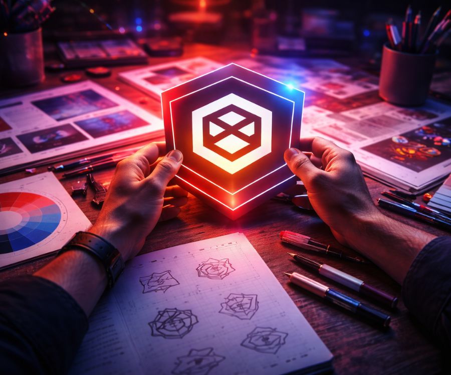 Primer plano de manos de un diseñador sosteniendo un logotipo hexagonal iluminado en un escritorio creativo lleno de bocetos y paletas de colores, simbolizando el proceso de una agencia de branding.