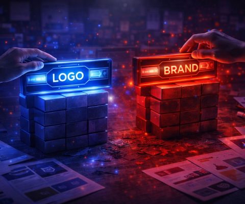 Dos manos equilibrando bloques metálicos con las palabras 'LOGO' en azul y 'BRAND' en rojo sobre un escritorio con gráficos, representando la labor de una agencia de branding para equilibrar identidad visual y estrategia.