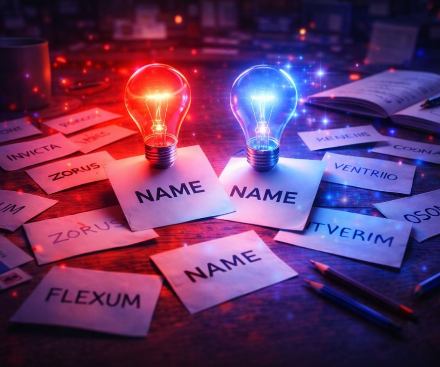 Mesa de madera en una sesión de brainstorming con notas adhesivas de nombres potenciales y dos bombillas encendidas, simbolizando el proceso de una agencia de naming para crear marcas memorables.