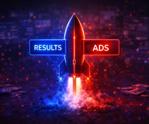 Ilustración de un cohete despegando con estelas de humo azul y rojo, con las palabras "RESULTS" y "ADS" en sus alas, sobre un suelo con billetes esparcidos, representando el impulso de una agencia de publicidad orientada a objetivos comerciales.