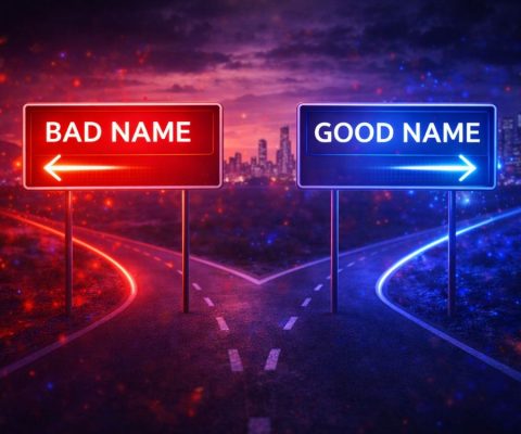 Escritorio con café, lápices y múltiples notas de papel con propuestas de nombres, iluminado por bombillas roja y azul que simbolizan la chispa creativa de una agencia de naming.