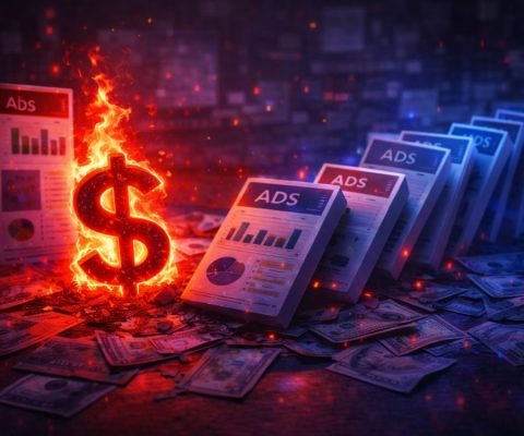 Signo de dólar envuelto en llamas junto a una hilera de informes de publicidad con la palabra "ADS" cayendo como fichas de dominó sobre un suelo cubierto de billetes, simbolizando una mala gestión de una agencia de publicidad.