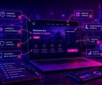 Portátil con diseño web rodeado de etiquetas neón que señalan fallos: propuesta poco clara, llamadas a la acción débiles, falta de confianza, experiencia móvil deficiente y velocidad lenta.