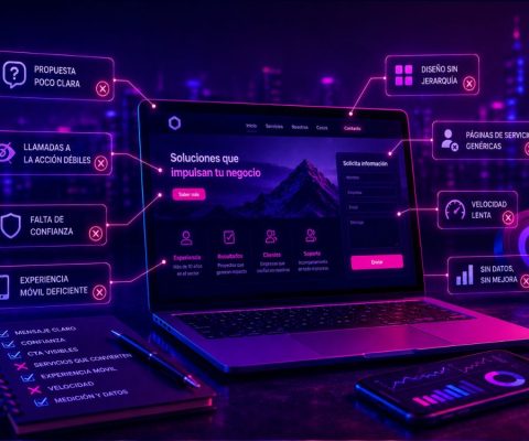 Portátil con diseño web rodeado de etiquetas neón que señalan fallos: propuesta poco clara, llamadas a la acción débiles, falta de confianza, experiencia móvil deficiente y velocidad lenta.