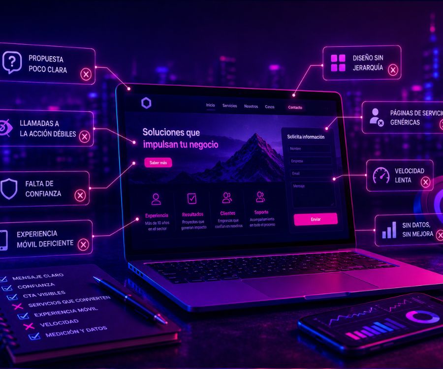 Portátil con diseño web rodeado de etiquetas neón que señalan fallos: propuesta poco clara, llamadas a la acción débiles, falta de confianza, experiencia móvil deficiente y velocidad lenta.