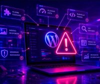 Ilustración digital de un portátil mostrando una auditoría de WordPress con errores de velocidad, plugins excesivos, plantilla pesada y SEO deficiente.