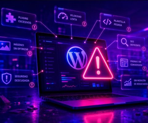 Ilustración digital de un portátil mostrando una auditoría de WordPress con errores de velocidad, plugins excesivos, plantilla pesada y SEO deficiente.