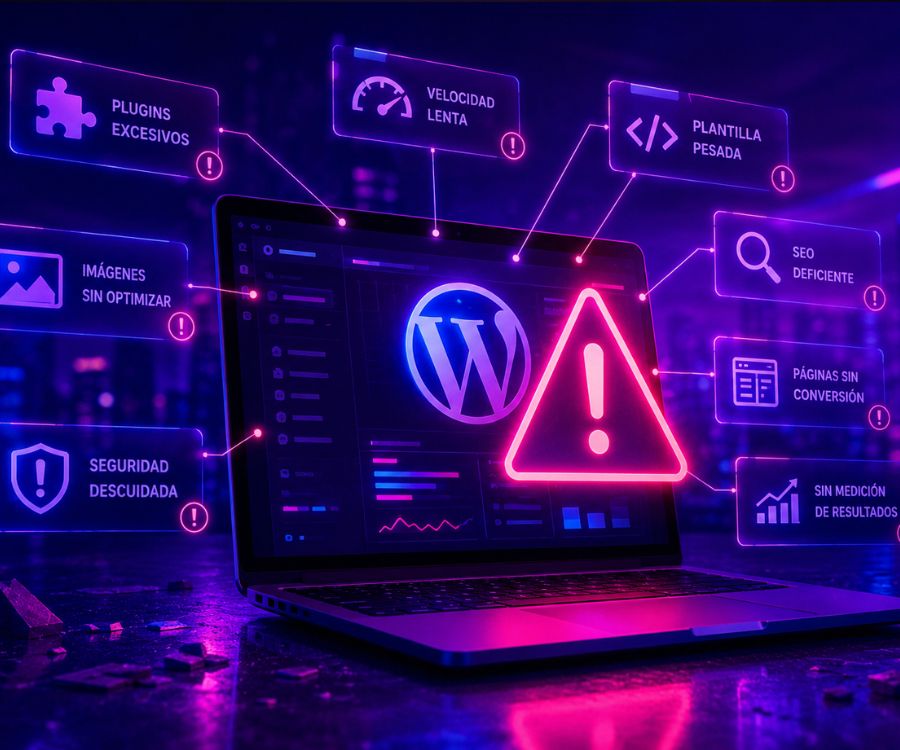 Ilustración digital de un portátil mostrando una auditoría de WordPress con errores de velocidad, plugins excesivos, plantilla pesada y SEO deficiente.