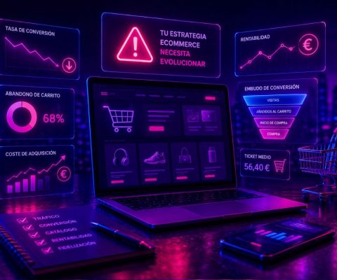 Laptop con interfaz de tienda online rodeada de paneles holográficos neón que muestran métricas de tasa de conversión, abandono de carrito, coste de adquisición y embudo de ventas.