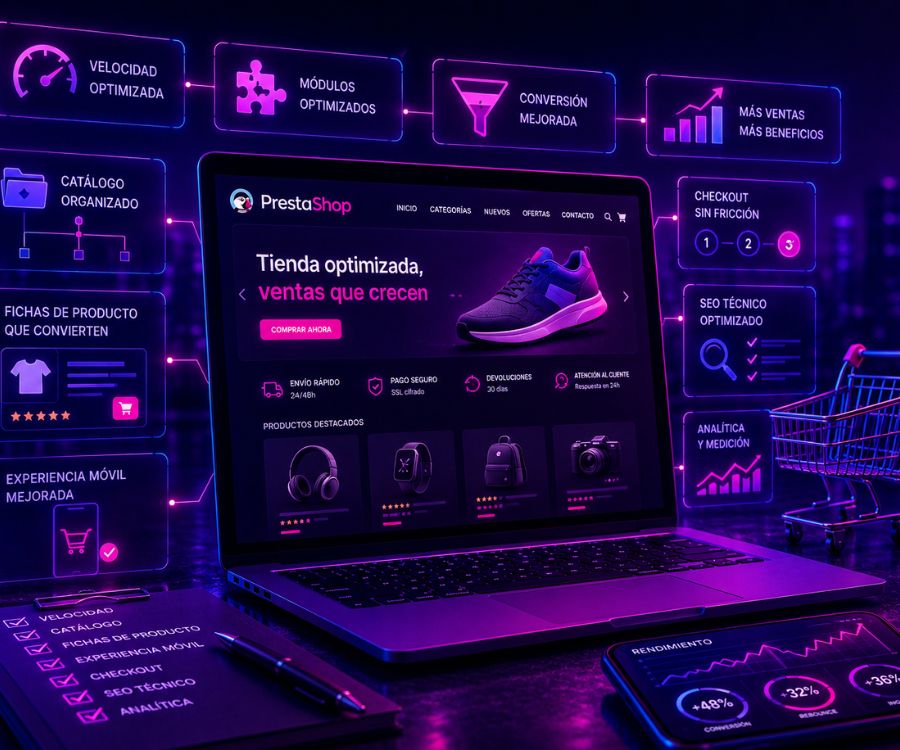 Laptop con una tienda PrestaShop rodeada de paneles holográficos neón que indican mejoras en: velocidad, módulos, catálogo, checkout, SEO técnico y analítica de medición.
