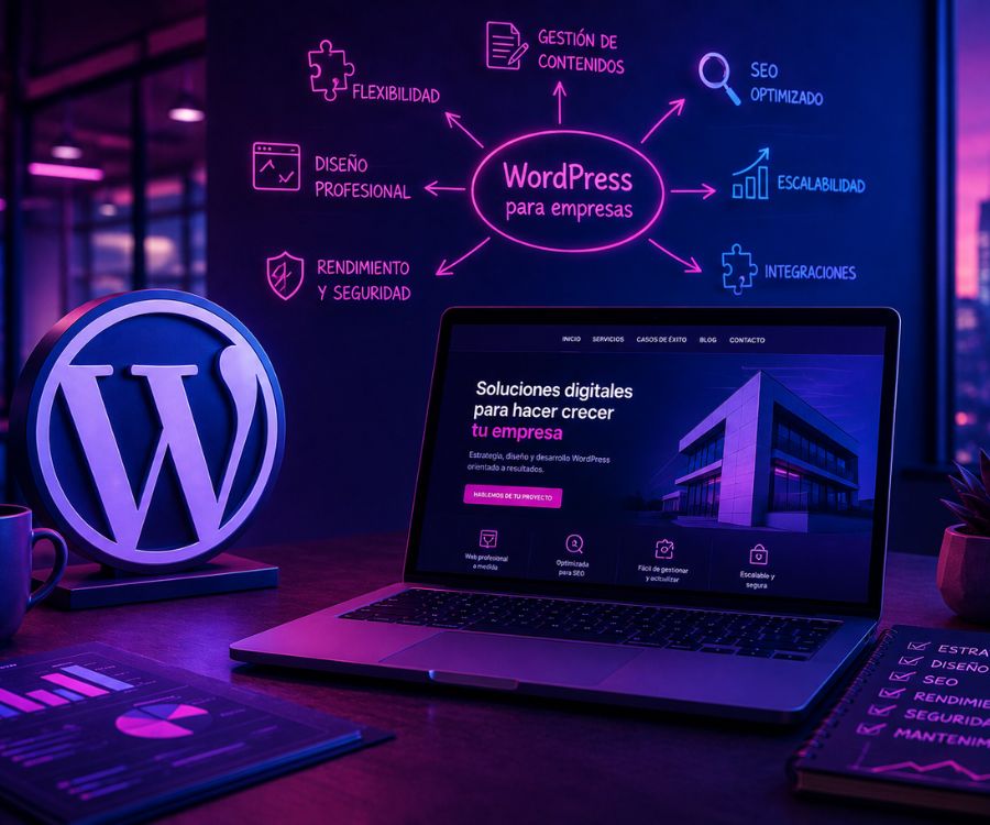 Escritorio de oficina con laptop que muestra soluciones digitales, logotipo de WordPress en primer plano y un mapa conceptual de neón en la pared con los pilares de WordPress para empresas: SEO, escalabilidad, flexibilidad e integraciones.