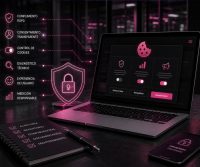 Gestión de cookies en web corporativa con consentimiento transparente y cumplimiento RGPD, con visualización de panel de control y métricas en tonos rosados y lilas
