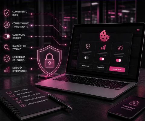 Gestión de cookies en web corporativa con consentimiento transparente y cumplimiento RGPD, con visualización de panel de control y métricas en tonos rosados y lilas