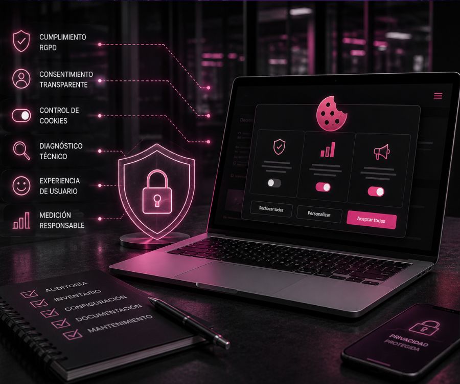 Gestión de cookies en web corporativa con consentimiento transparente y cumplimiento RGPD, con visualización de panel de control y métricas en tonos rosados y lilas
