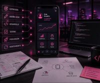 Interfaz de aplicación móvil rodeada de hologramas con las fases de una agencia de desarrollo de app: estrategia, diseño UX/UI, desarrollo, testing, publicación y mantenimiento.