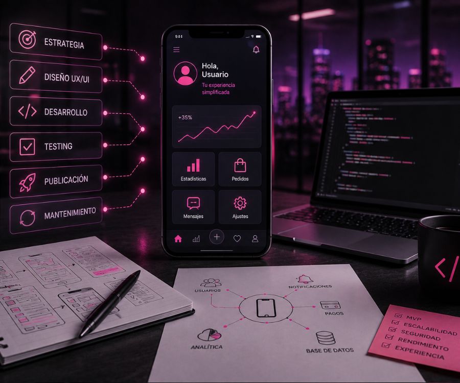 Interfaz de aplicación móvil rodeada de hologramas con las fases de una agencia de desarrollo de app: estrategia, diseño UX/UI, desarrollo, testing, publicación y mantenimiento.