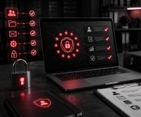 Ordenador portátil en una oficina mostrando un panel de control de una agencia RGPD con un escudo de protección de datos, un candado de seguridad y una lista de verificación impreso sobre el escritorio.