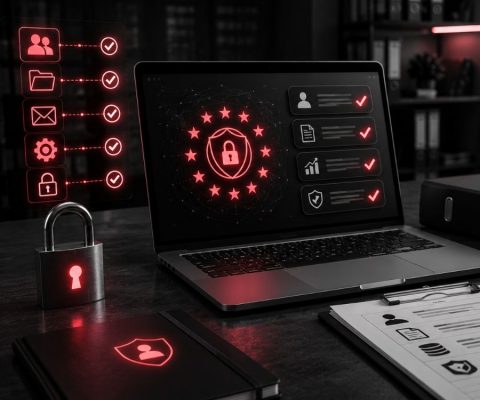 Ordenador portátil en una oficina mostrando un panel de control de una agencia RGPD con un escudo de protección de datos, un candado de seguridad y una lista de verificación impreso sobre el escritorio.