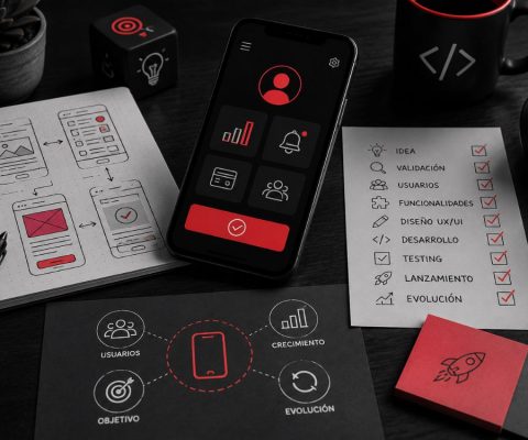 Smartphone con pantalla de analítica sobre un escritorio junto a una libreta con wireframes de diseño de interfaces y una lista de verificación impresa con los pasos esenciales para desarrollar una app.