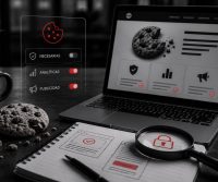 Un ordenador portátil mostrando un banner de privacidad junto a una interfaz holográfica flotante que divide las cookies web en necesarias, analíticas y de publicidad.