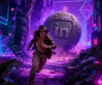 Una exploradora con sombrero huye de una gigantesca roca rodante con el logotipo de LinkedIn tallado en unas ruinas de estilo cyberpunk con luces neón moradas, simbolizando la caída del alcance orgánico en la red B2B.