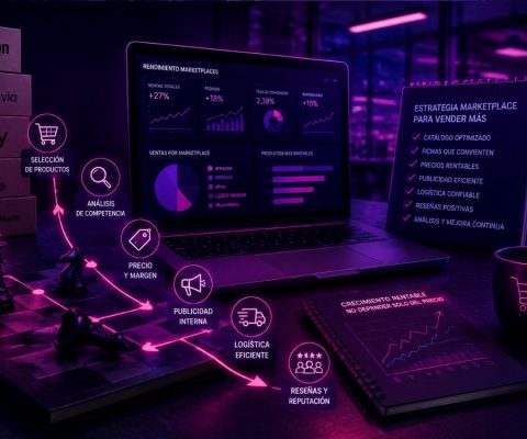 Laptop con panel de control de rendimiento en marketplaces rodeada de cajas de Amazon, Miravia y eBay, un tablero de ajedrez con una ruta de iconos de estrategia de ventas y una libreta con una checklist de optimización.