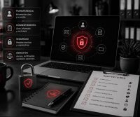 Un ordenador portátil con un panel de control de protección de datos junto a un portafolios impreso con una lista de verificación del RGPD en una web.
