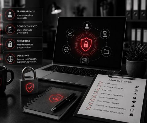Un ordenador portátil con un panel de control de protección de datos junto a un portafolios impreso con una lista de verificación del RGPD en una web.