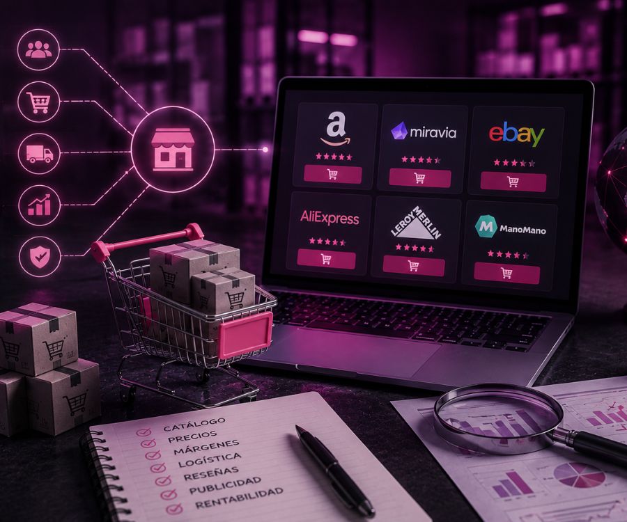 Ordenador portátil mostrando plataformas como Amazon, Miravia y eBay junto a un carrito de compra y una lista de verificación con claves como márgenes, logística y precios para vender en marketplaces.